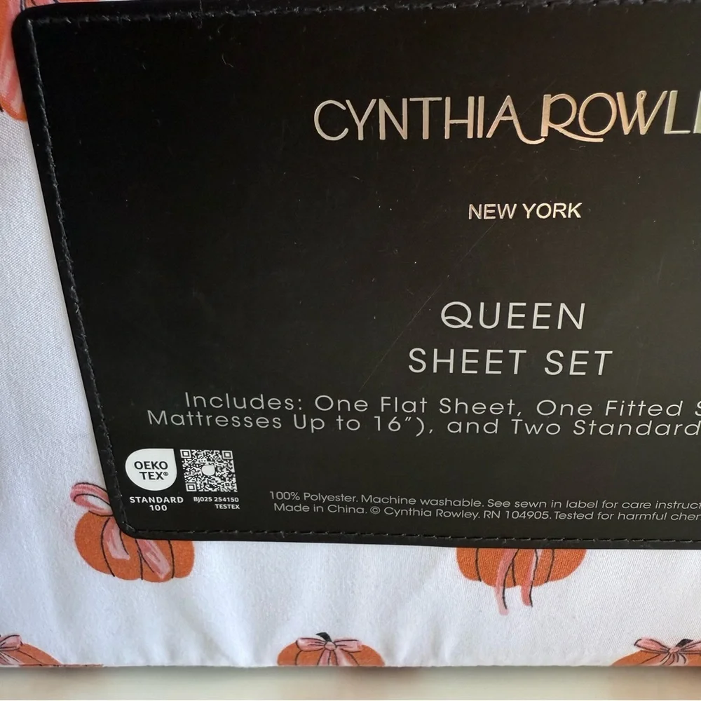 Cynthia Rowley Queen Sheet Set Pumpkin Pink Bow Fall Halloween Cottagecore NWT